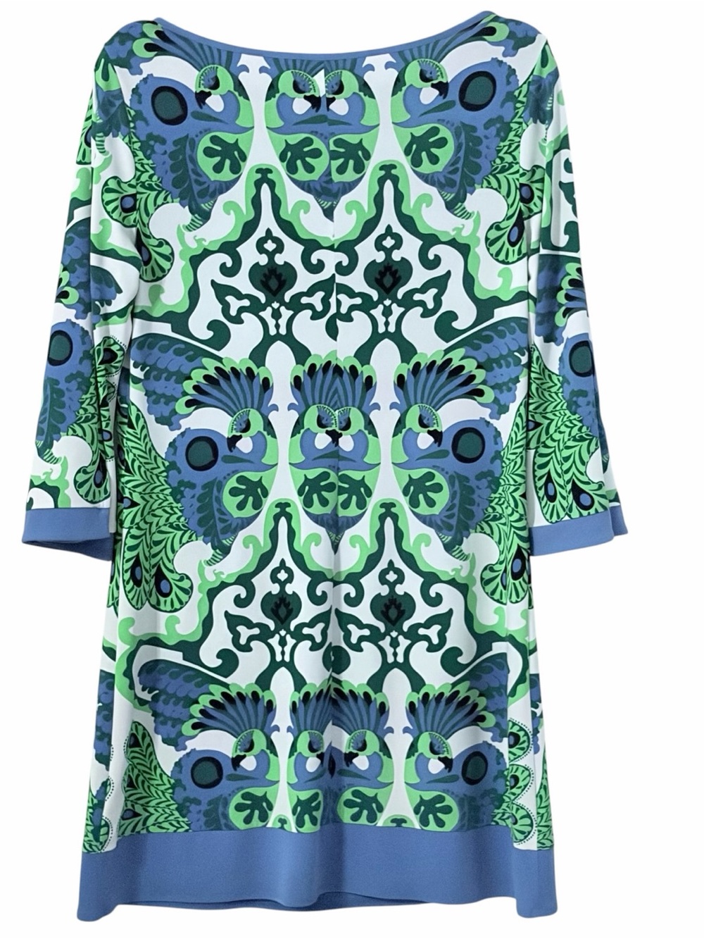 Laundry by Shelli Segal Peacock Print Tunic Shift Dress Blue Green 3/4 Sleeve M - Picture 2 of 8